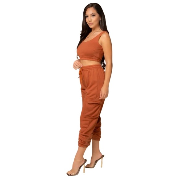 Ribbed Crop Top and Cargo Jogger Set Brown Medium - Picture 3 of 14